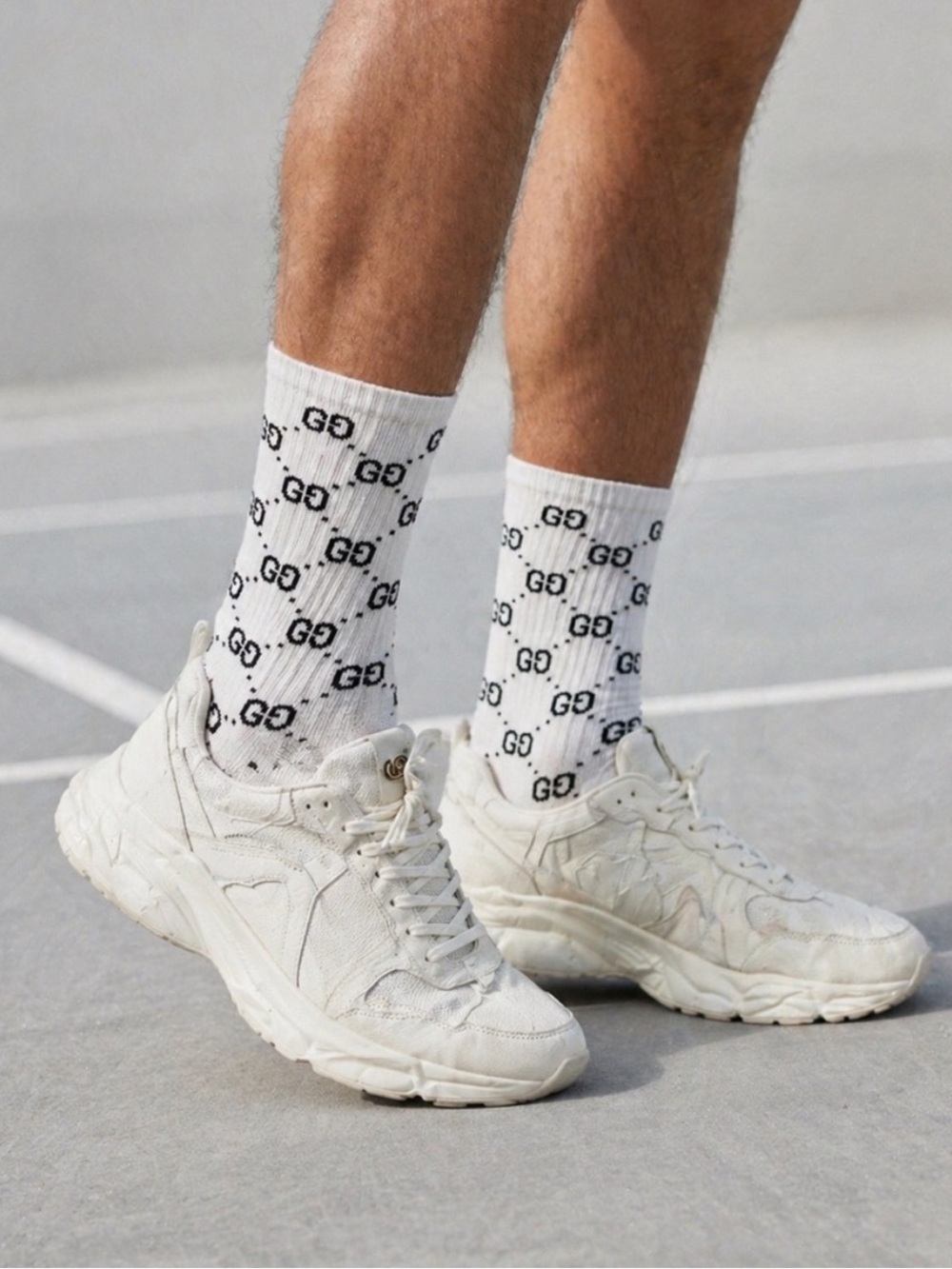 Gucci White Crew Socks with Black GG Monogram